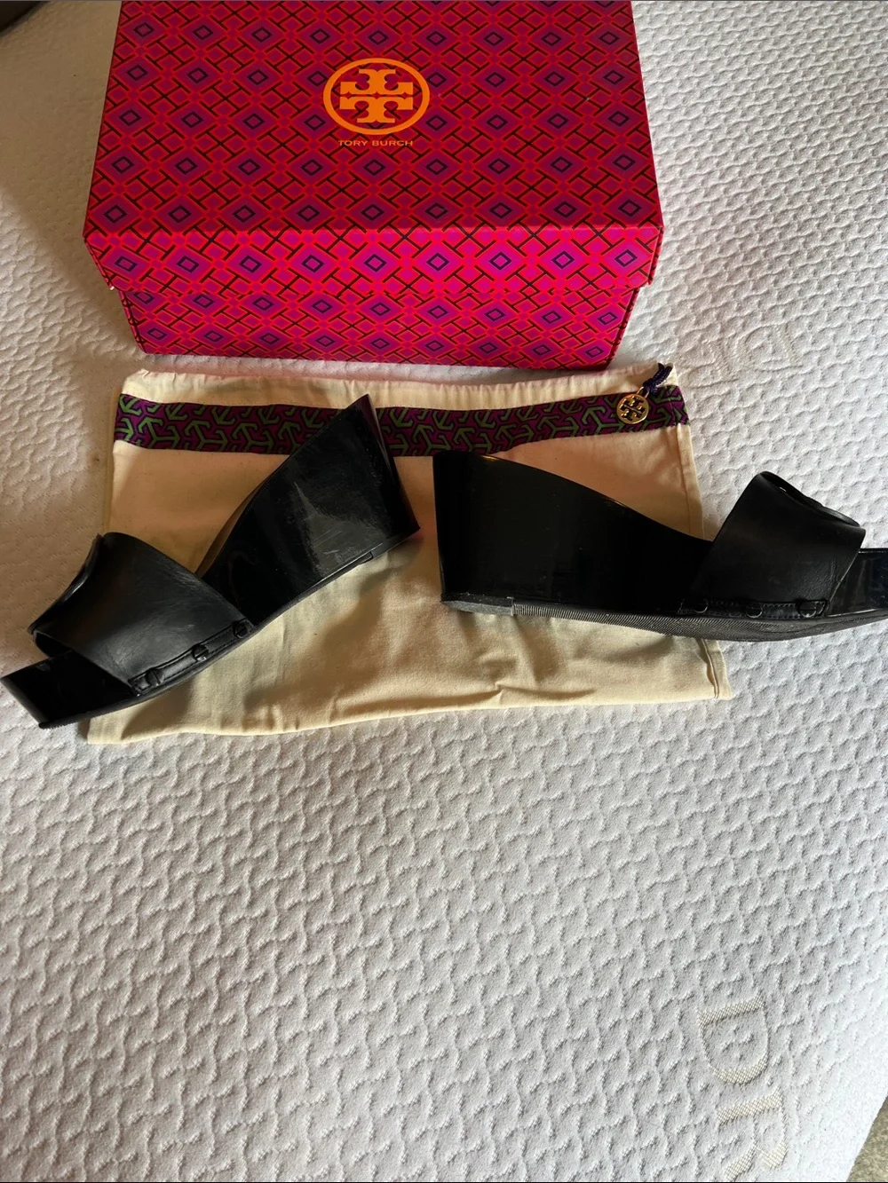 Tory Burch Black Leather Logo Slide Mules